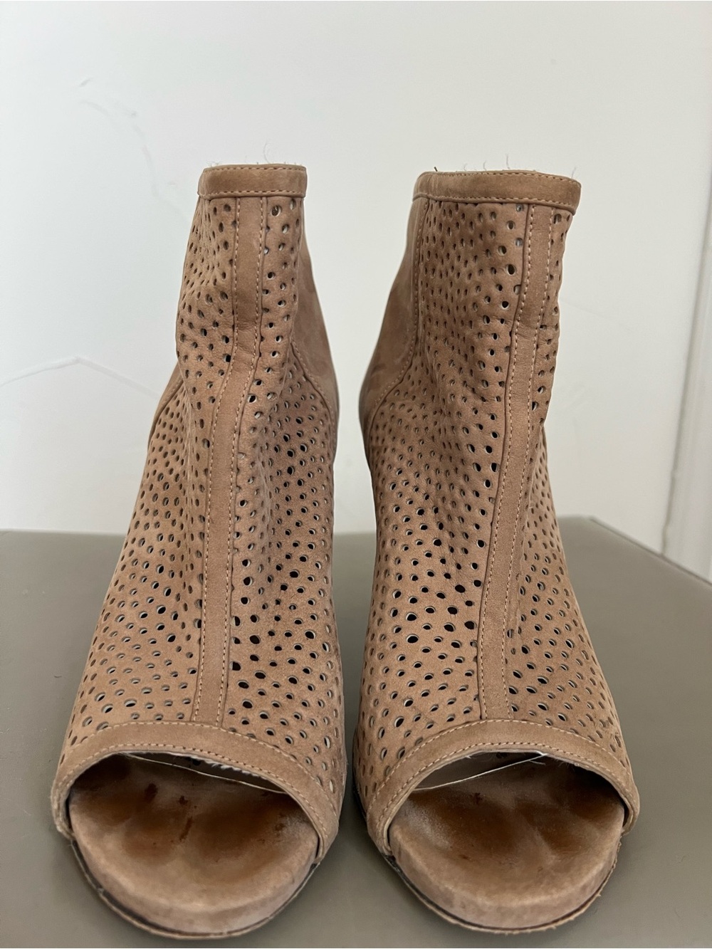 Stuart Weitzman Taupe Suede Perforated Peep-Toe Ankle Boots - Picture 3 of 9